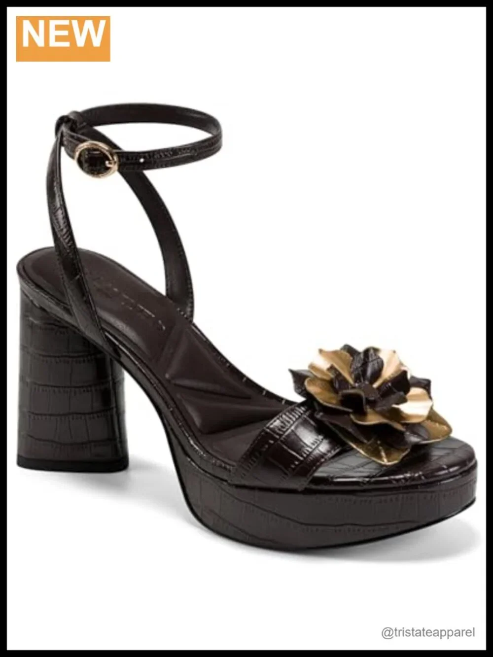 Platform Heel Sandal with Flower Embellishment, Peep Toe Ankle Strap